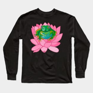 Green frog on pink flower Long Sleeve T-Shirt